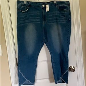 Denim capris with criss cross legs